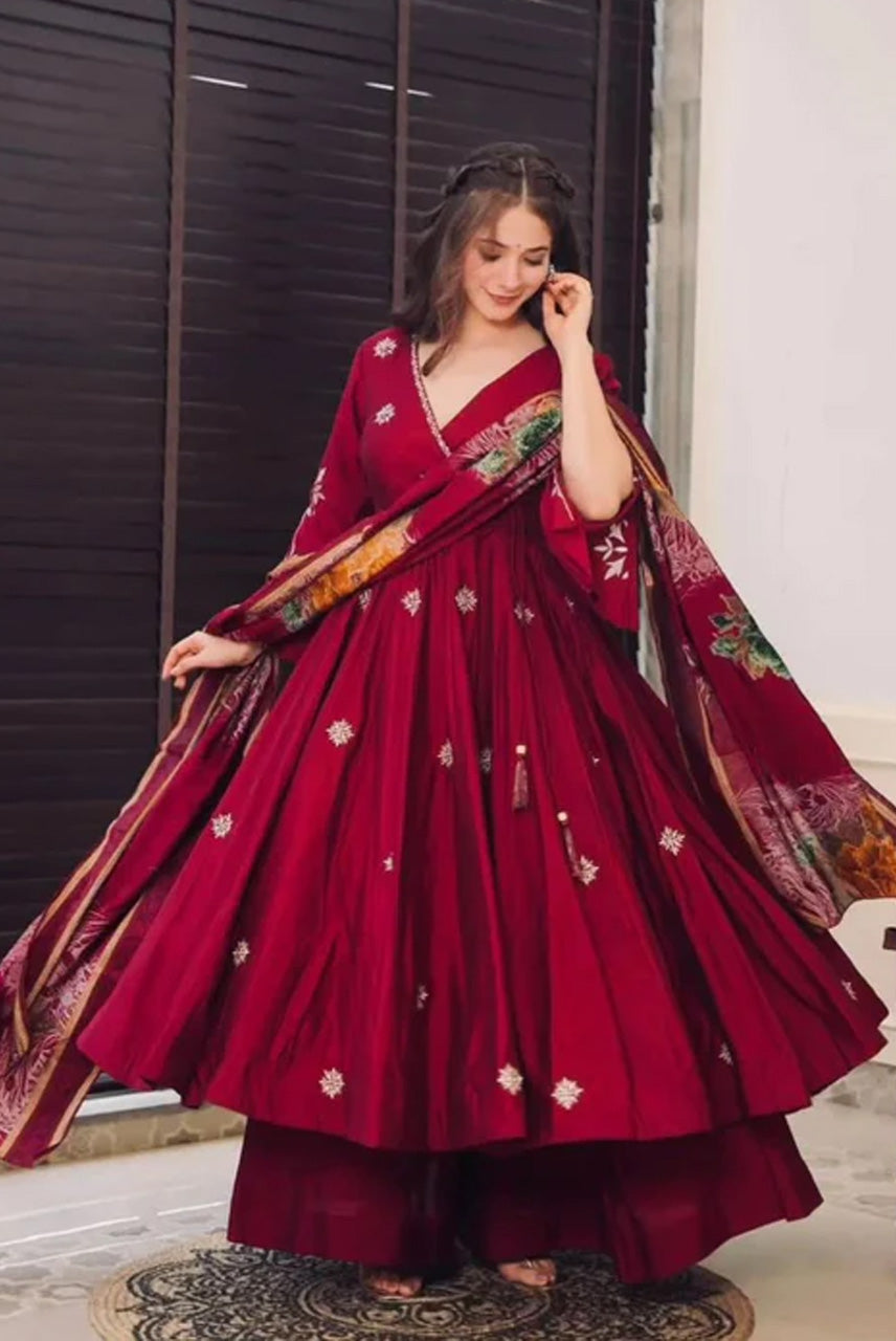 Wine Maroon Embroidered Anarkali Suit Set with Printed Dupatta