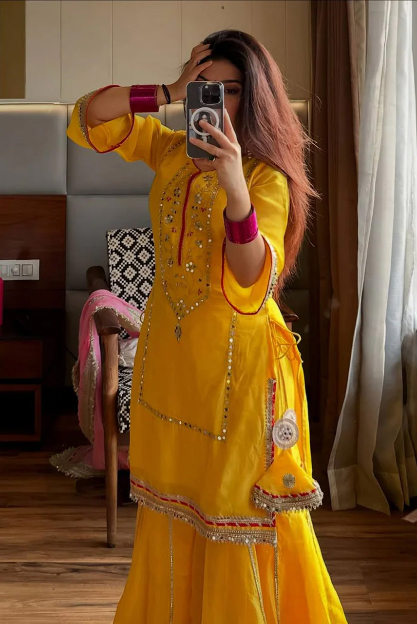 Sunshine Yellow Kurta Sharara Set with Pink Dupatta