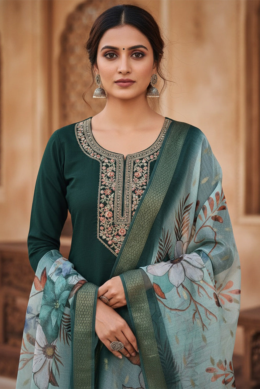 Emerald Mist Floral Organza Dupatta Kurta Set