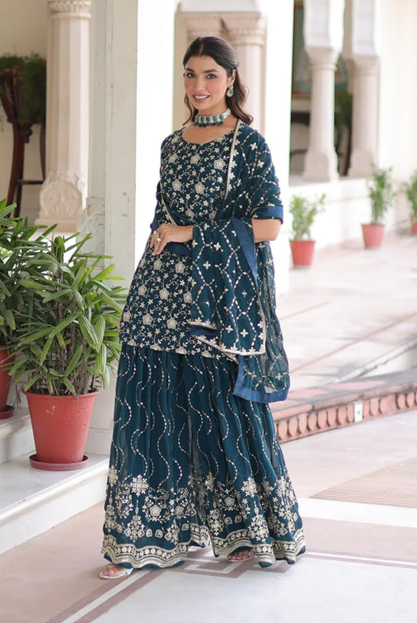 Midnight Teal Heavy Embroidered Kurta Sharara Set with Dupatta