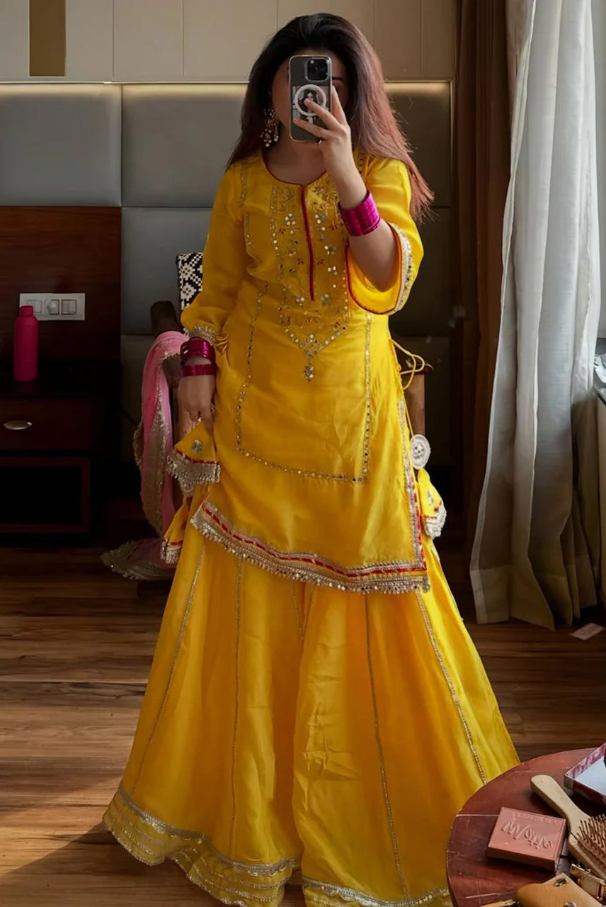 Sunshine Yellow Kurta Sharara Set with Pink Dupatta