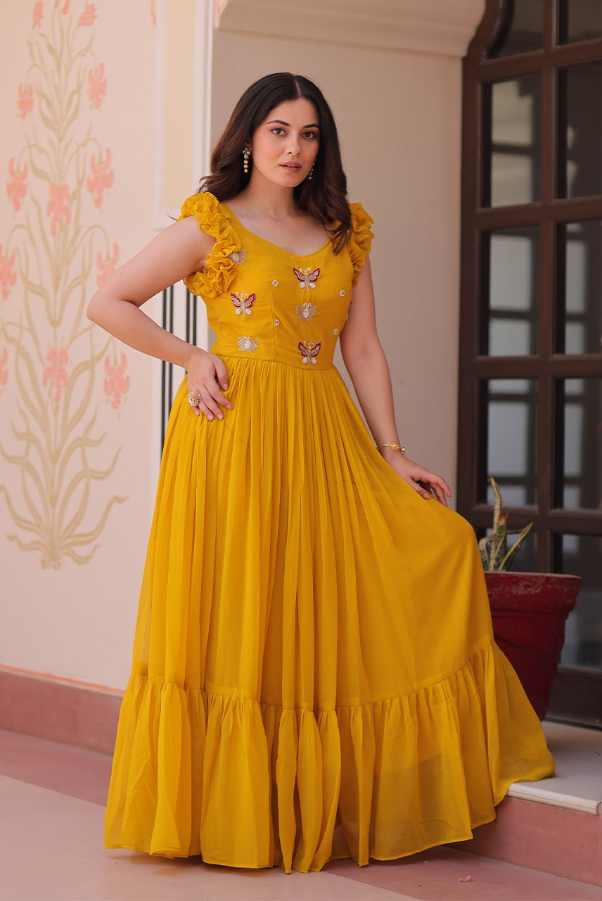 Sunshine Yellow Butterfly Embellished Ruffle Sleeve Anarkali Gown