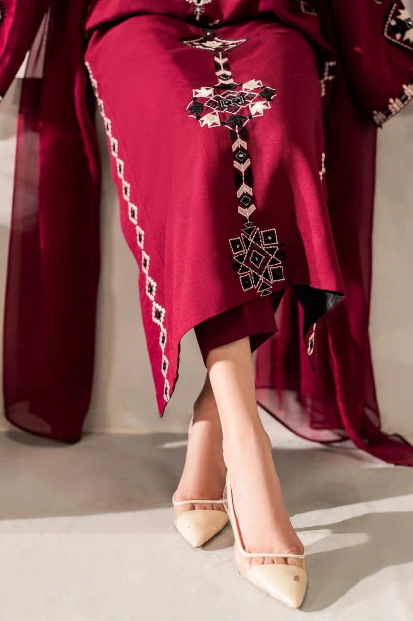 Mehroon Royale Embroidered Kurta Pant Set with Sheer Designer Dupatta
