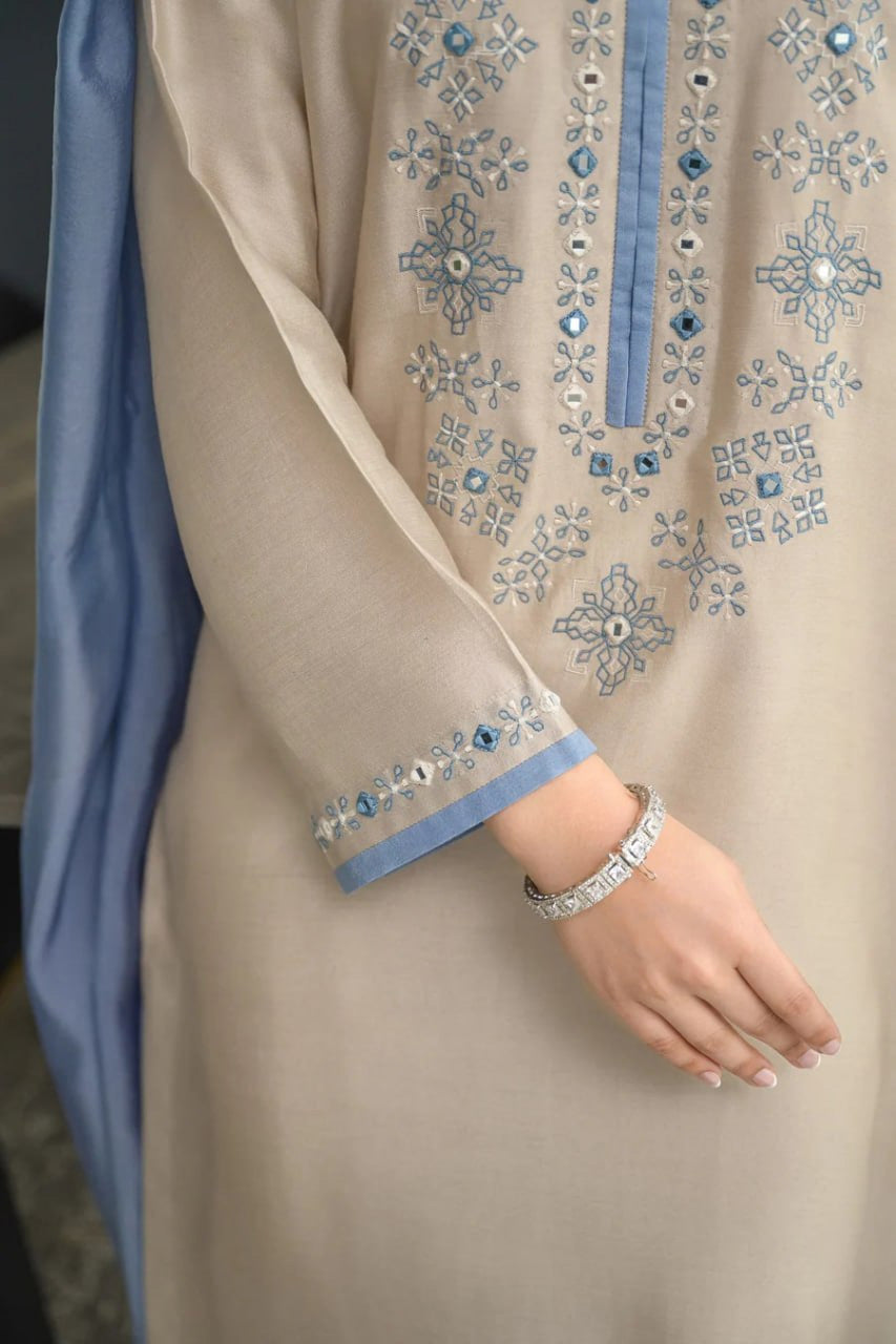 Aarzoo Beige Embroidered Kurta Set with Powder Blue Dupatta
