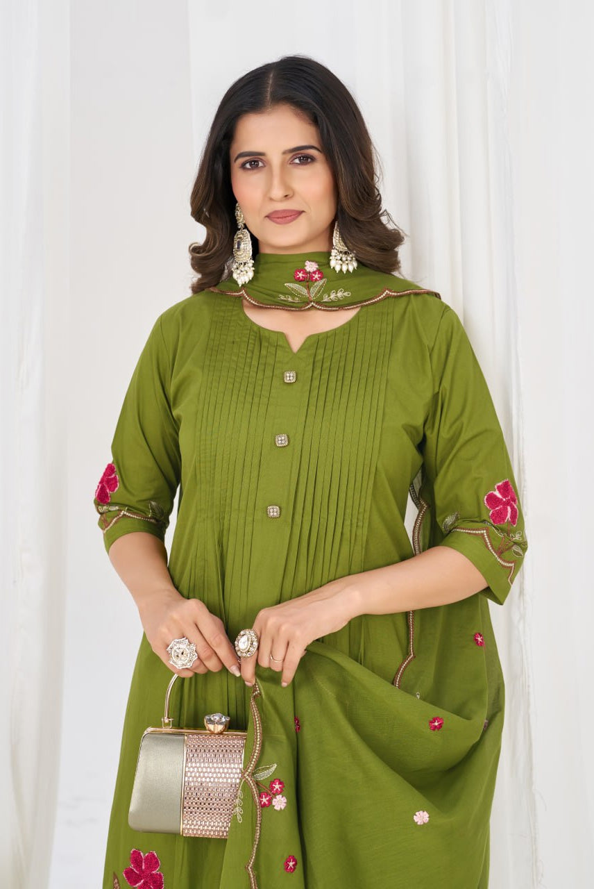 Olive Green Floral Embroidered Anarkali Suit Set with Dupatta