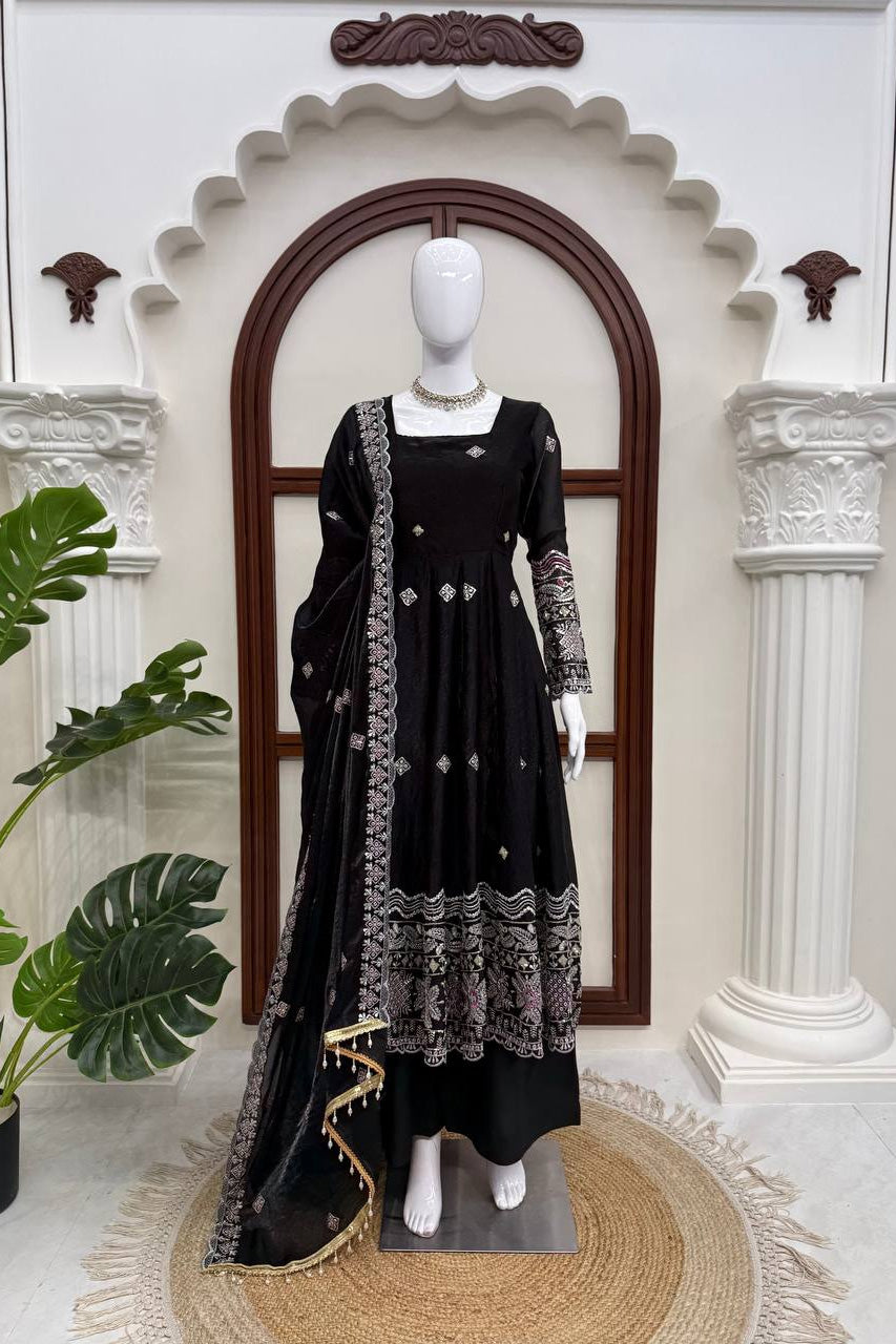 Noor-E-Shaam Black Embroidered Anarkali Set with Designer Dupatta