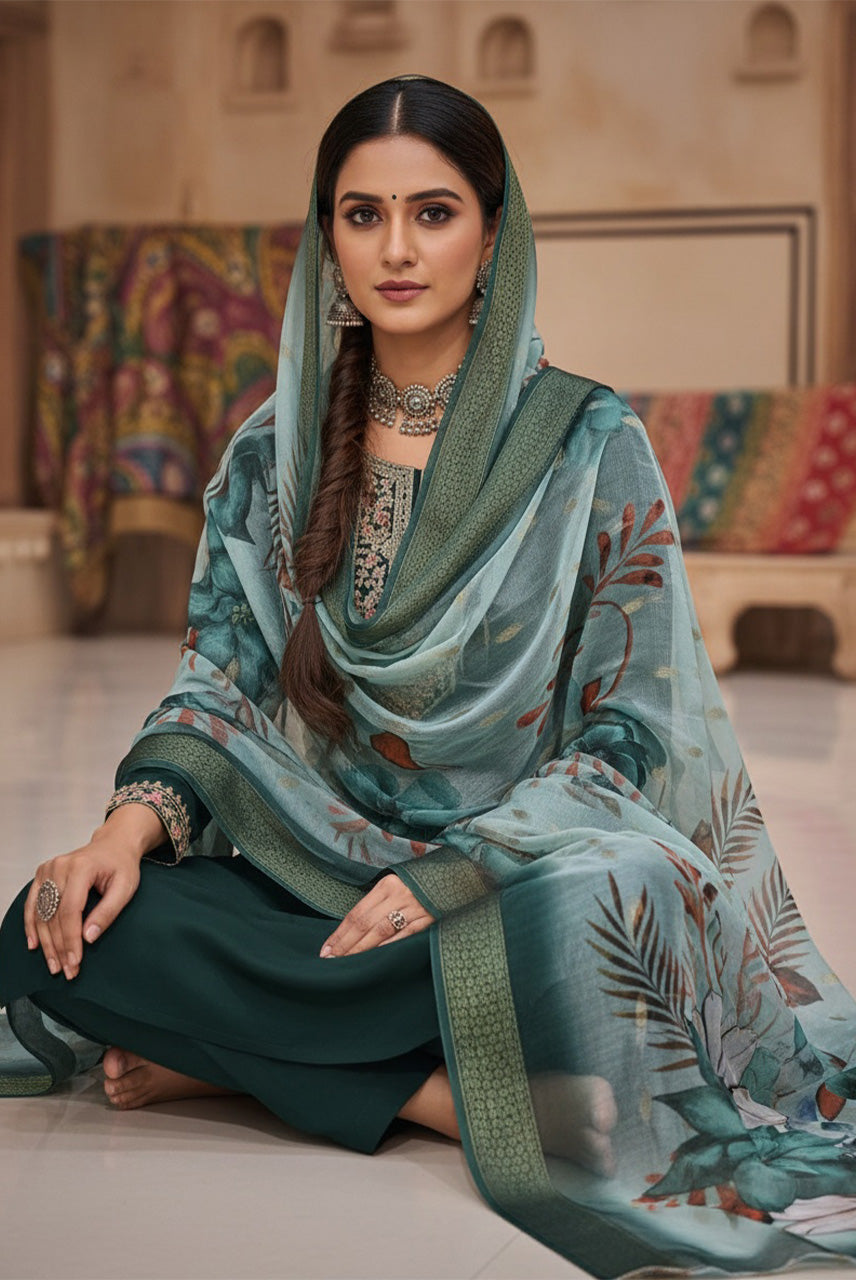 Emerald Mist Floral Organza Dupatta Kurta Set