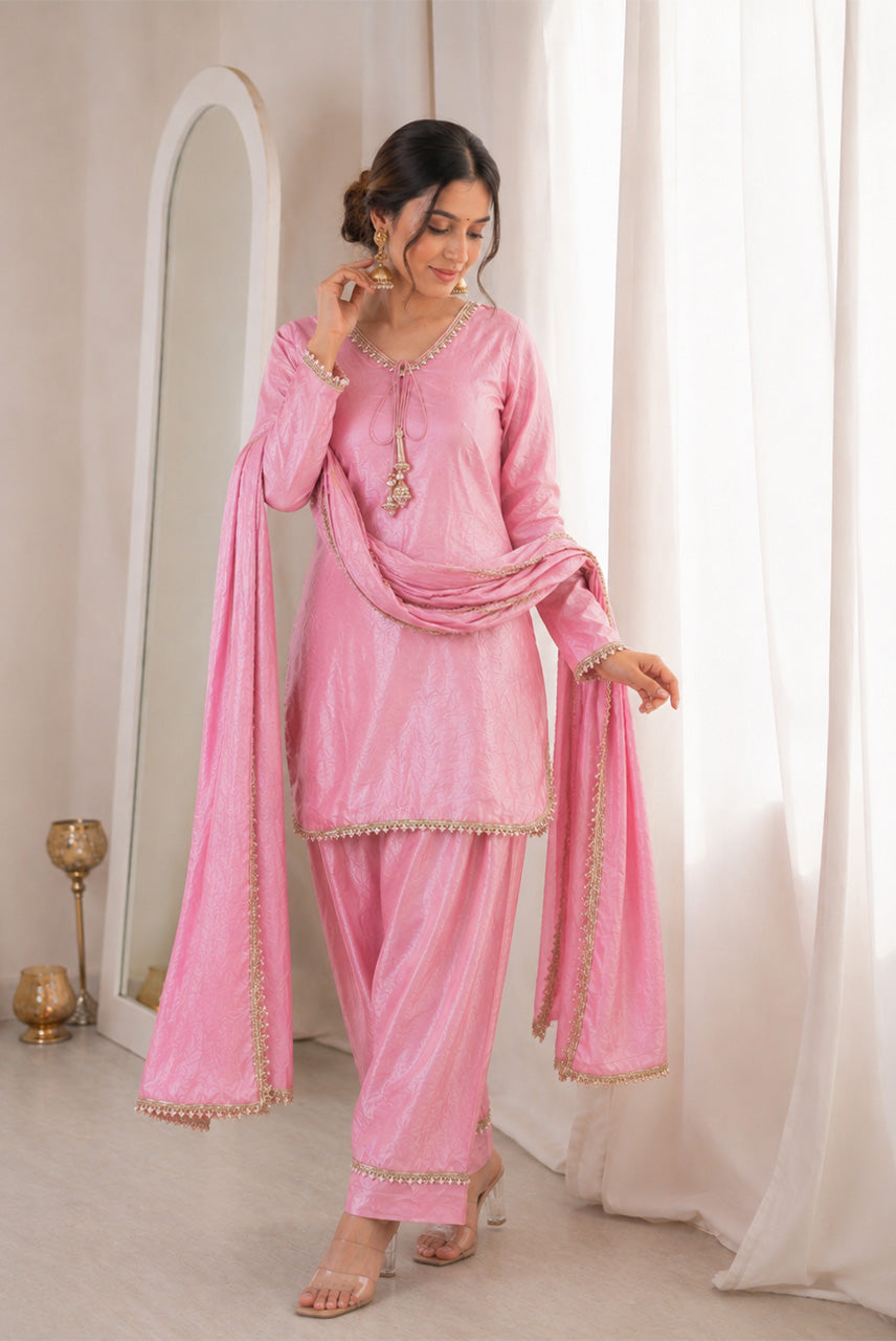 Blush Pink Embellished Kurta Pant Set with Dupatta