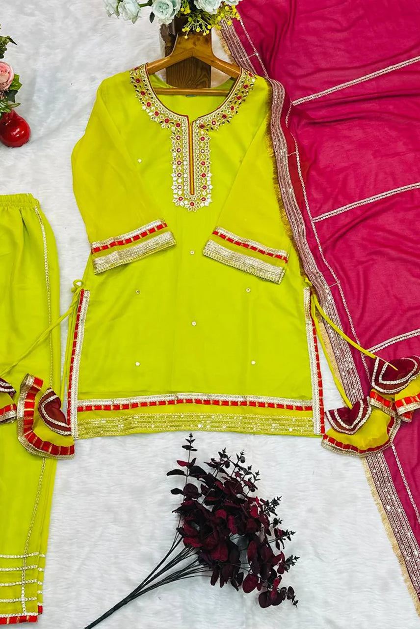 Lime Green Kurta Sharara Set with Rani Pink Dupatta