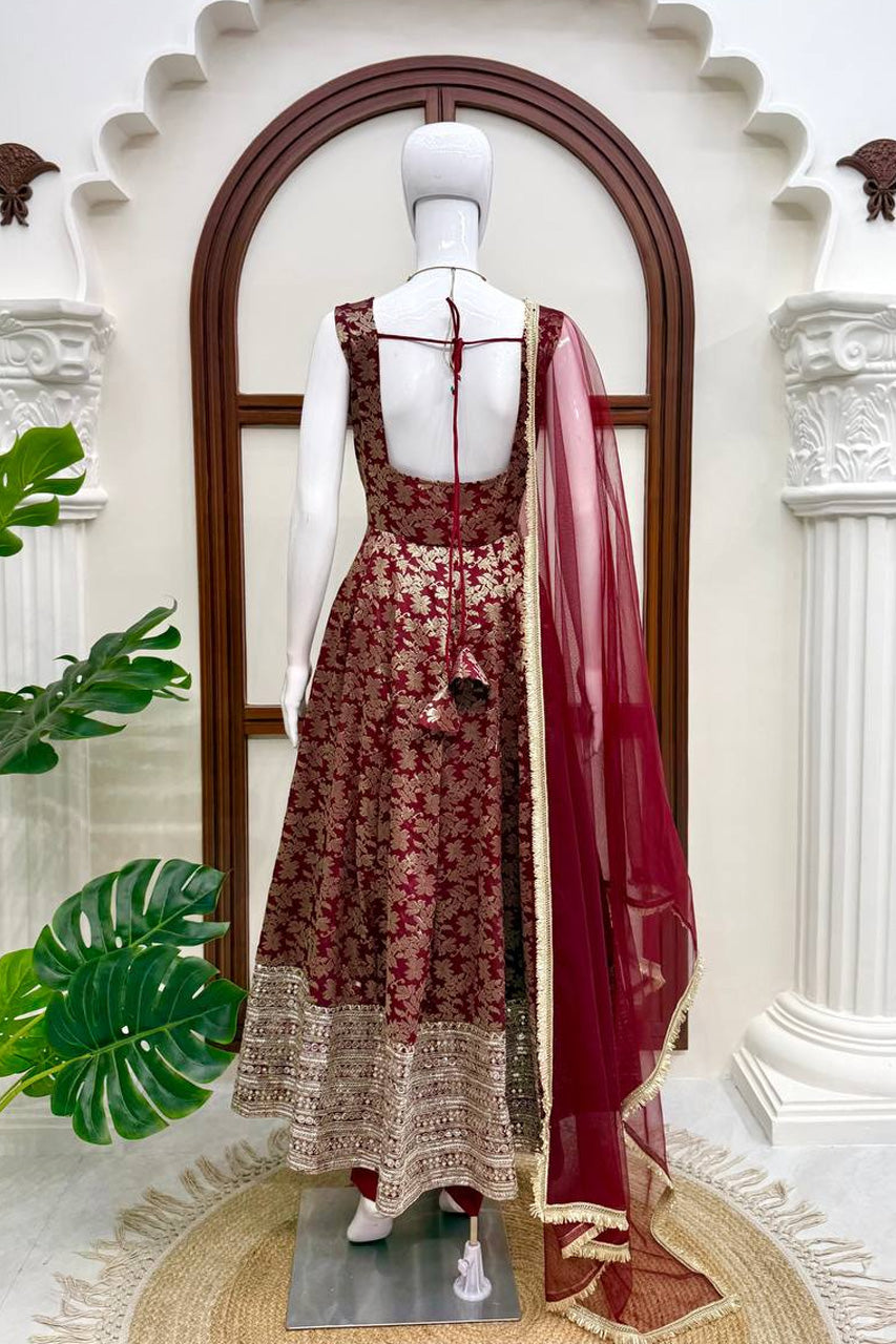 Gulbahar Wine Floral Anarkali Gown Set with Designer Dupatta