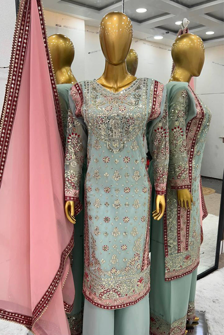 Regal Pastel Zari Embroidered Suit Set