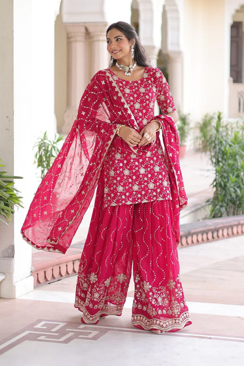 Rani Pink Heavy Embroidered Kurta Sharara Set with Dupatta