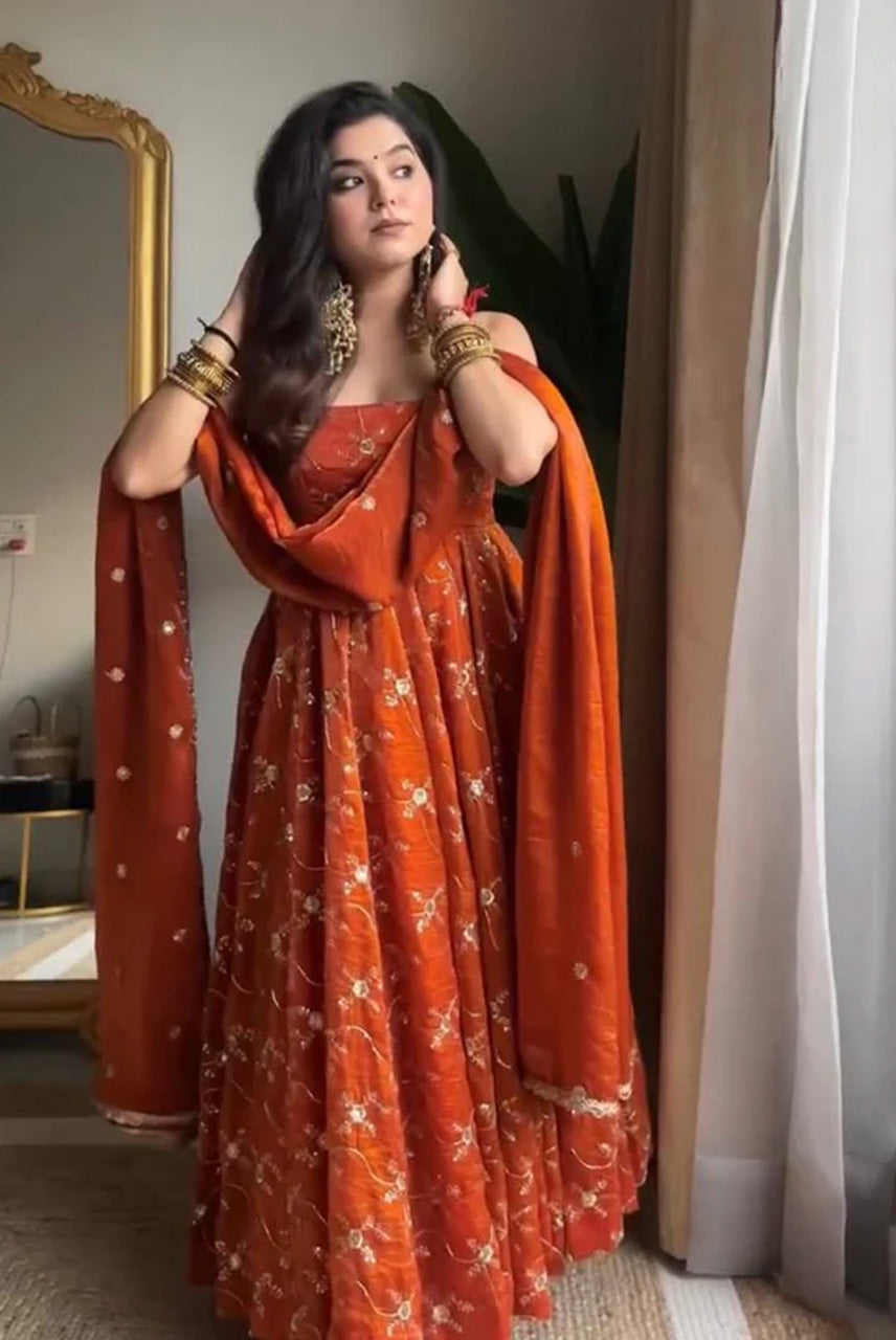 Rust Orange Embroidered Anarkali Gown Set with Dupatta – Royal Festive Collection