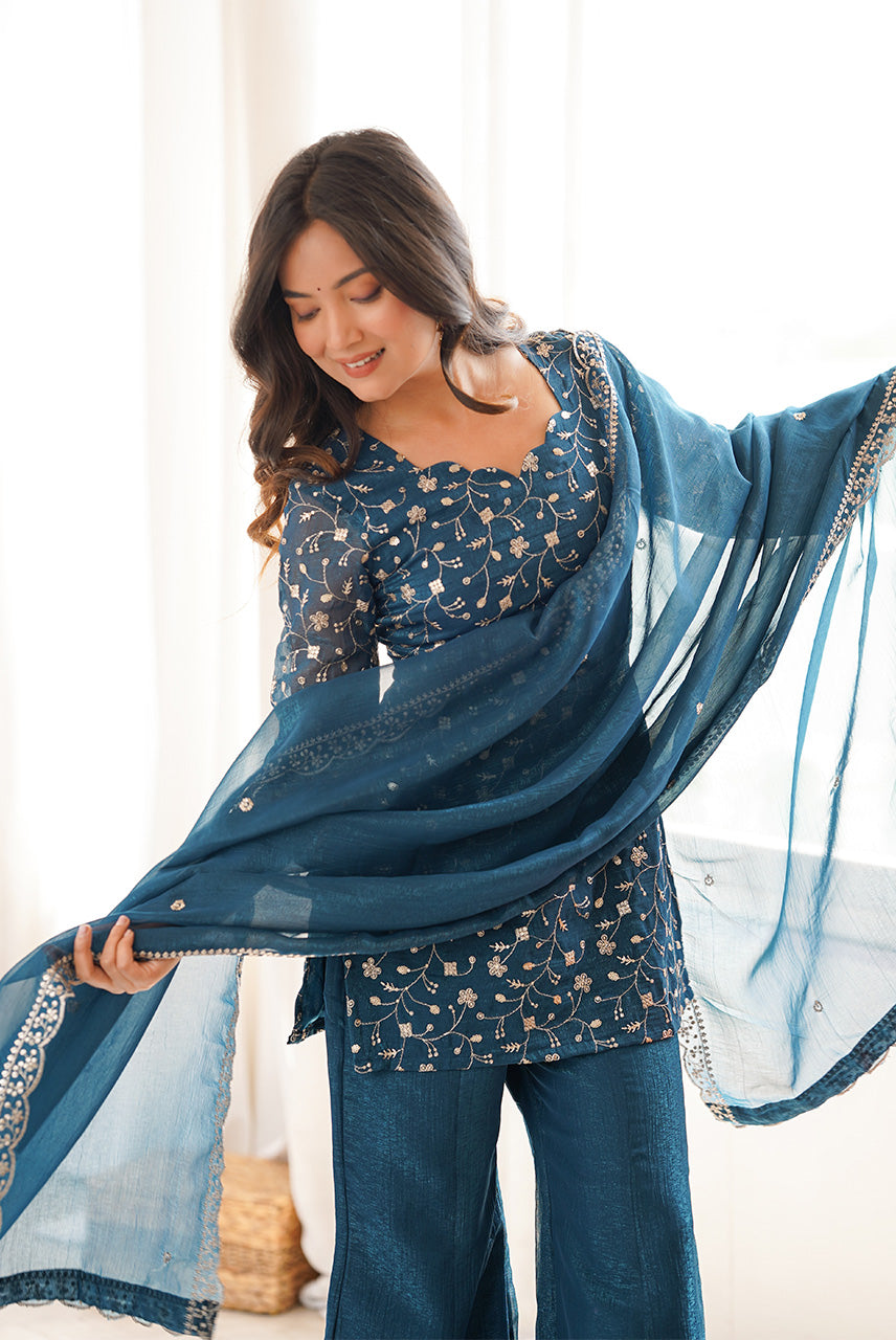 Teal Blue Heavy Embroidered Kurta Palazzo Set with Dupatta