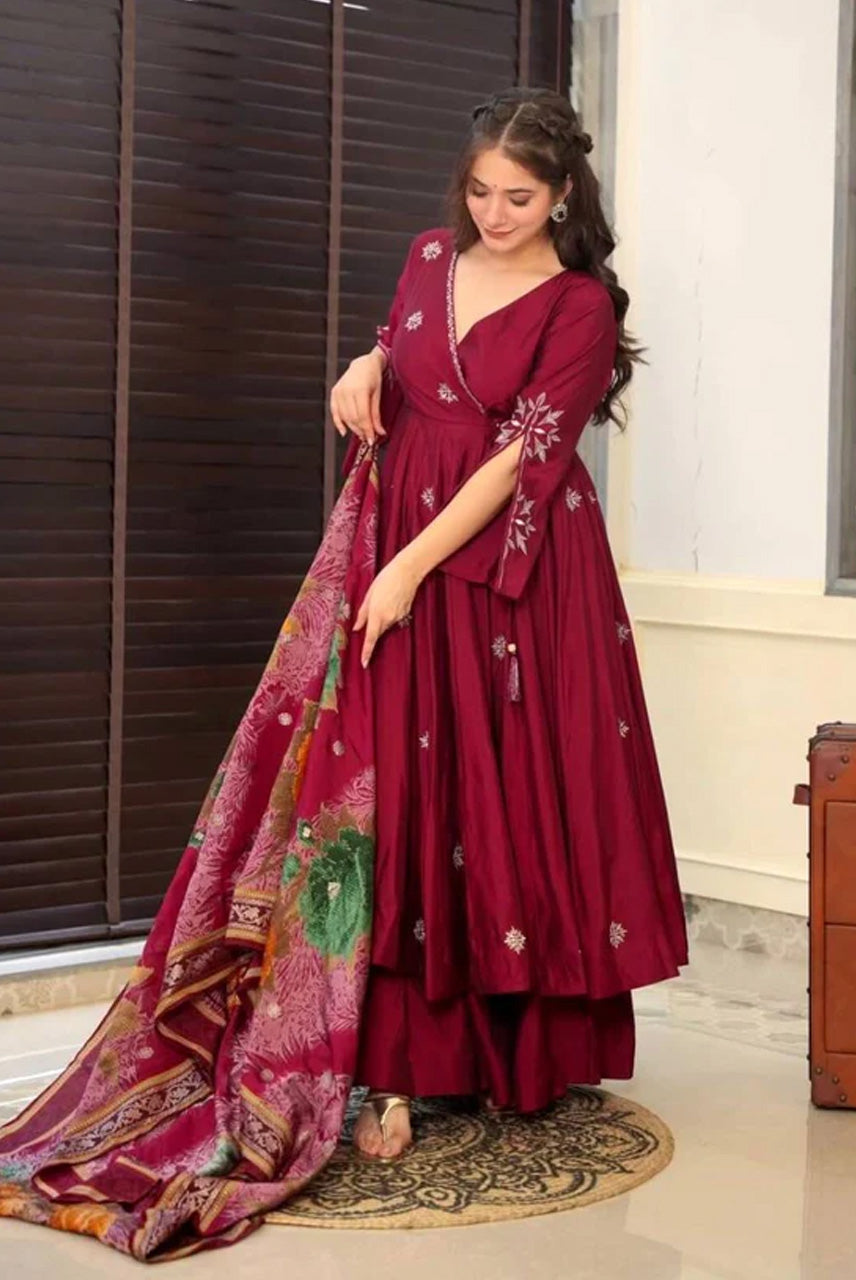 Wine Maroon Embroidered Anarkali Suit Set with Printed Dupatta