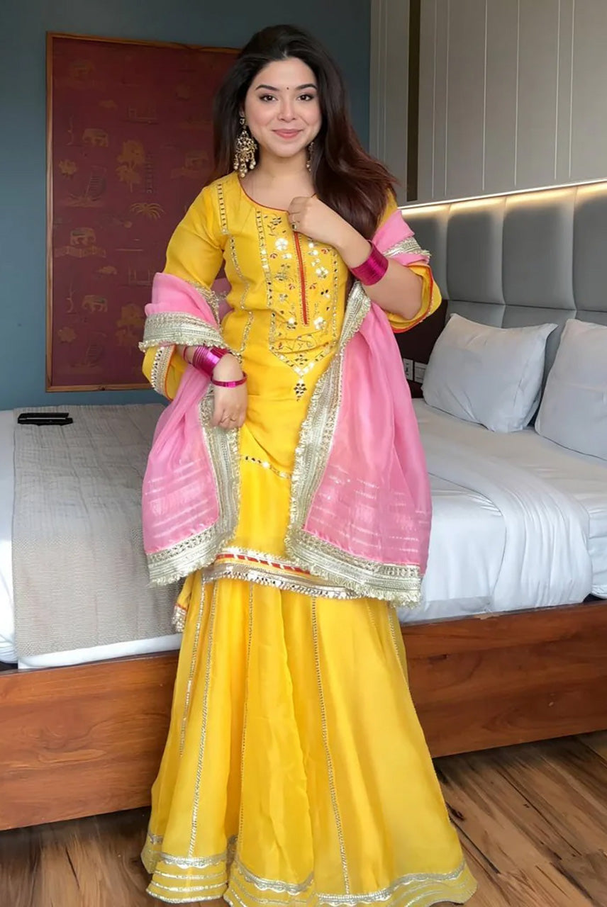 Sunshine Yellow Kurta Sharara Set with Pink Dupatta