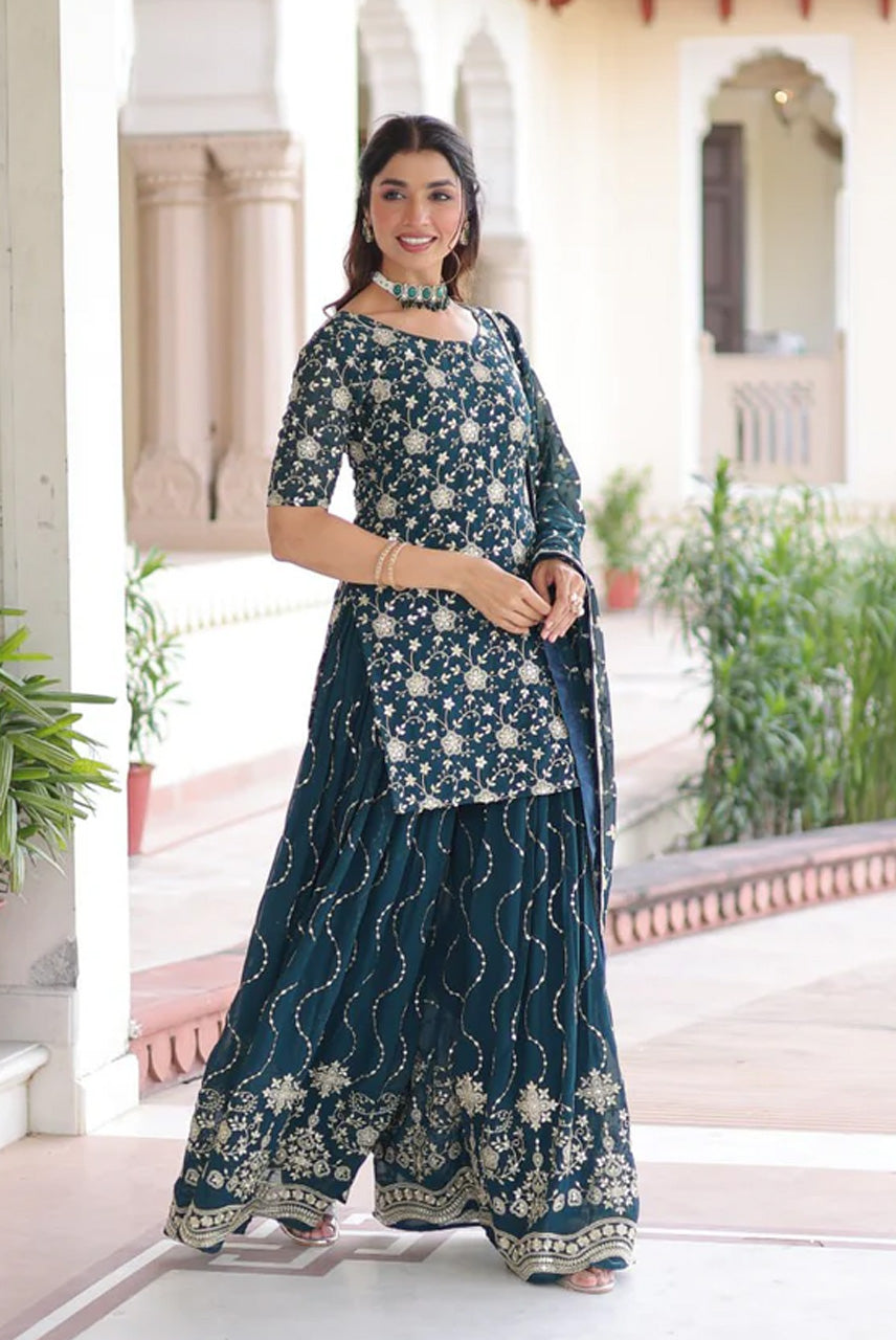 Midnight Teal Heavy Embroidered Kurta Sharara Set with Dupatta