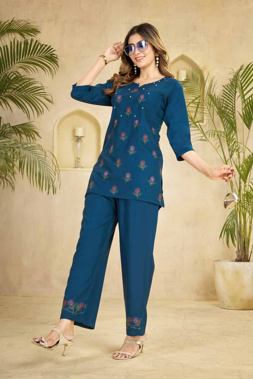 Women's Teal Blue Embroidered Kurta Palazzo Set