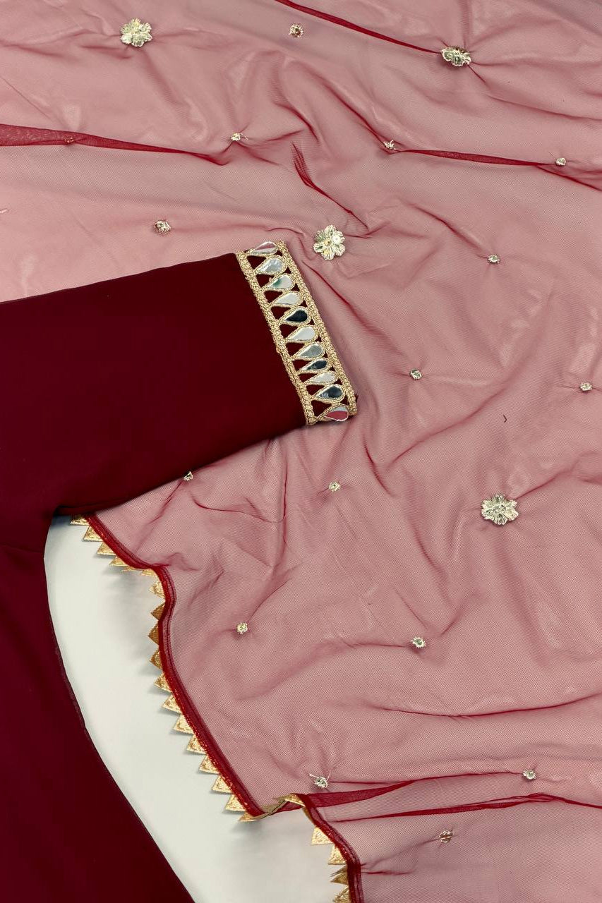 Mehrunisa Wine Sharara Set with Sheer Designer Dupatta