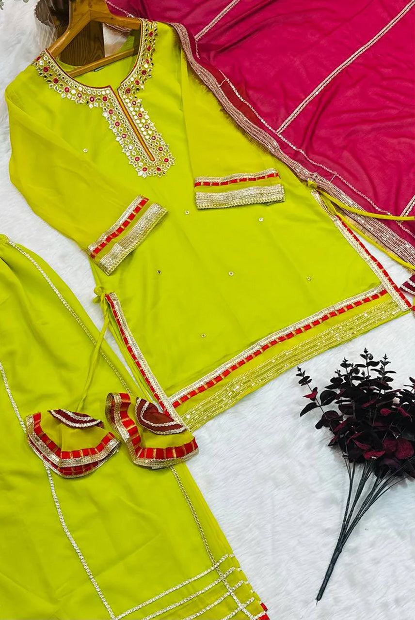Lime Green Kurta Sharara Set with Rani Pink Dupatta