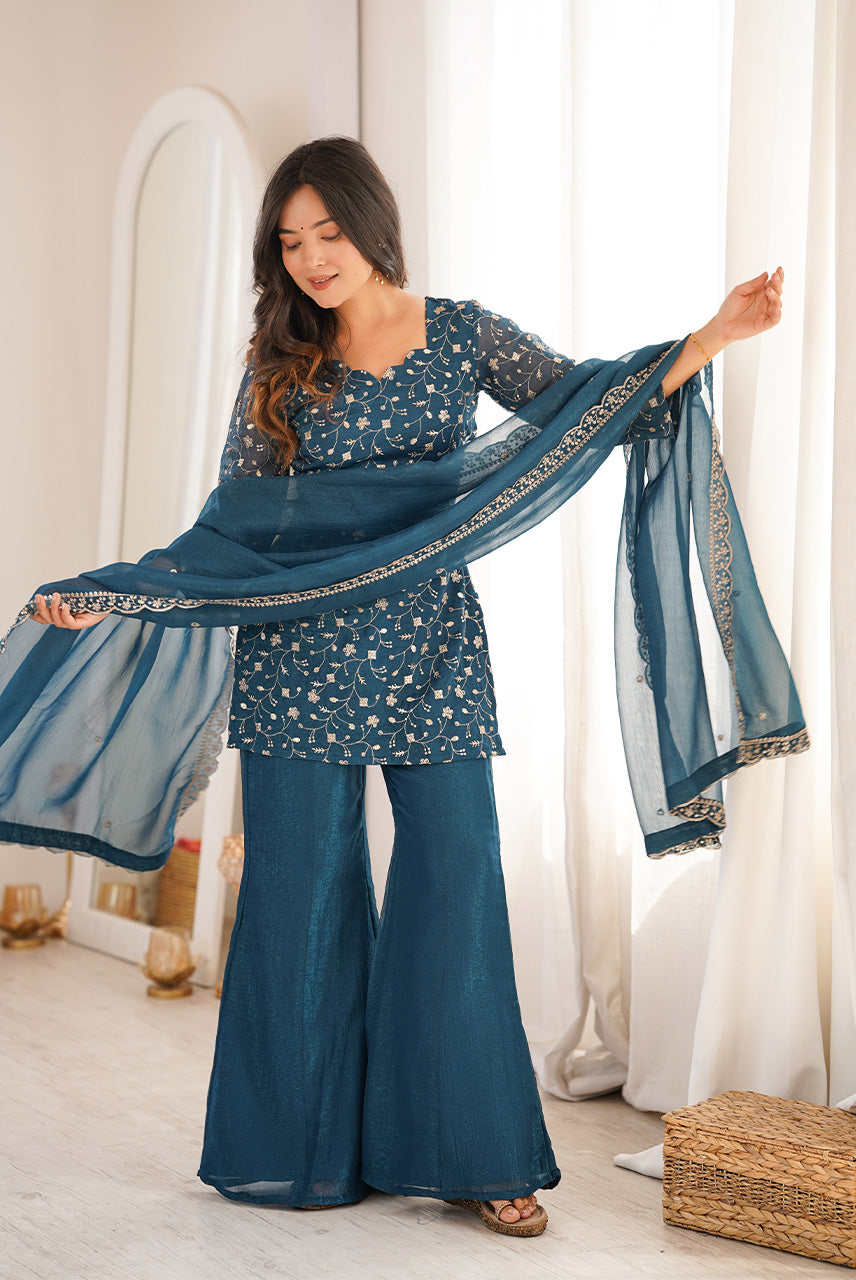 Teal Blue Heavy Embroidered Kurta Palazzo Set with Dupatta