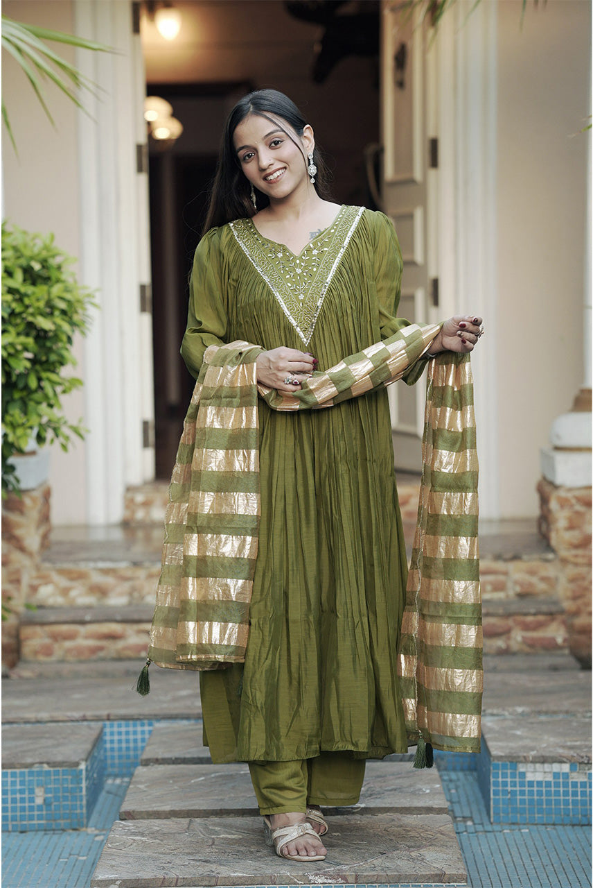 Olive Zaria Pleated Anarkali Suit Set with Metallic Striped Dupatta