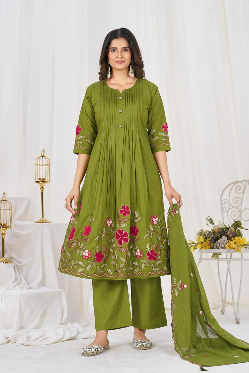 Olive Green Floral Embroidered Anarkali Suit Set with Dupatta