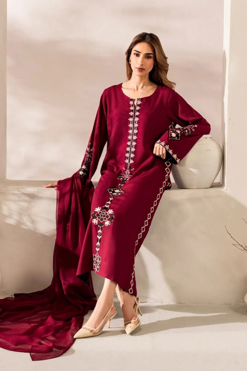 Mehroon Royale Embroidered Kurta Pant Set with Sheer Designer Dupatta
