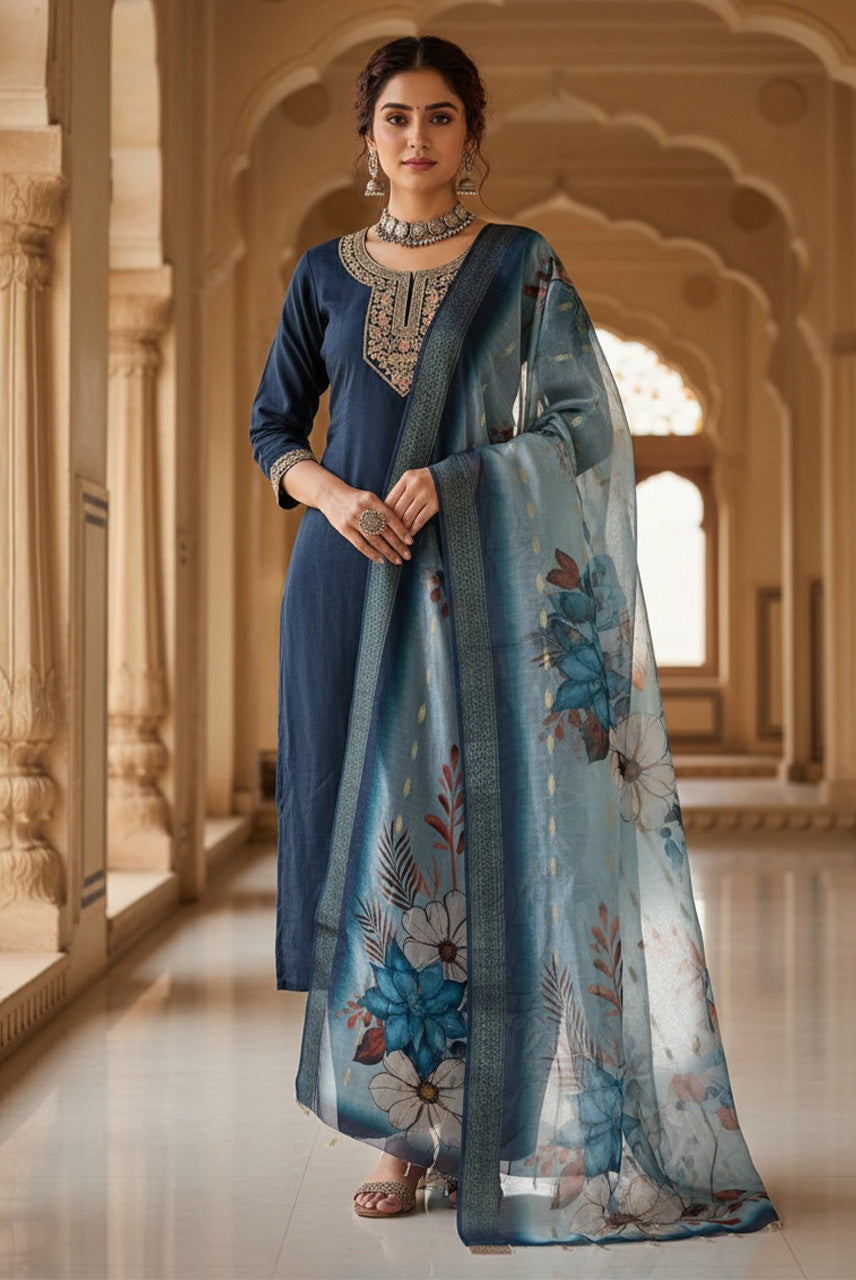 Midnight Blue Floral Organza Dupatta Kurta Set