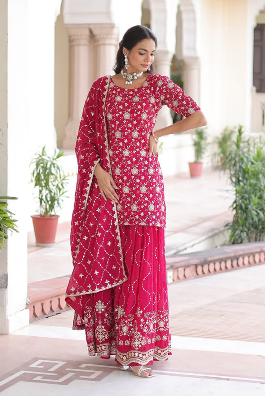 Rani Pink Heavy Embroidered Kurta Sharara Set with Dupatta