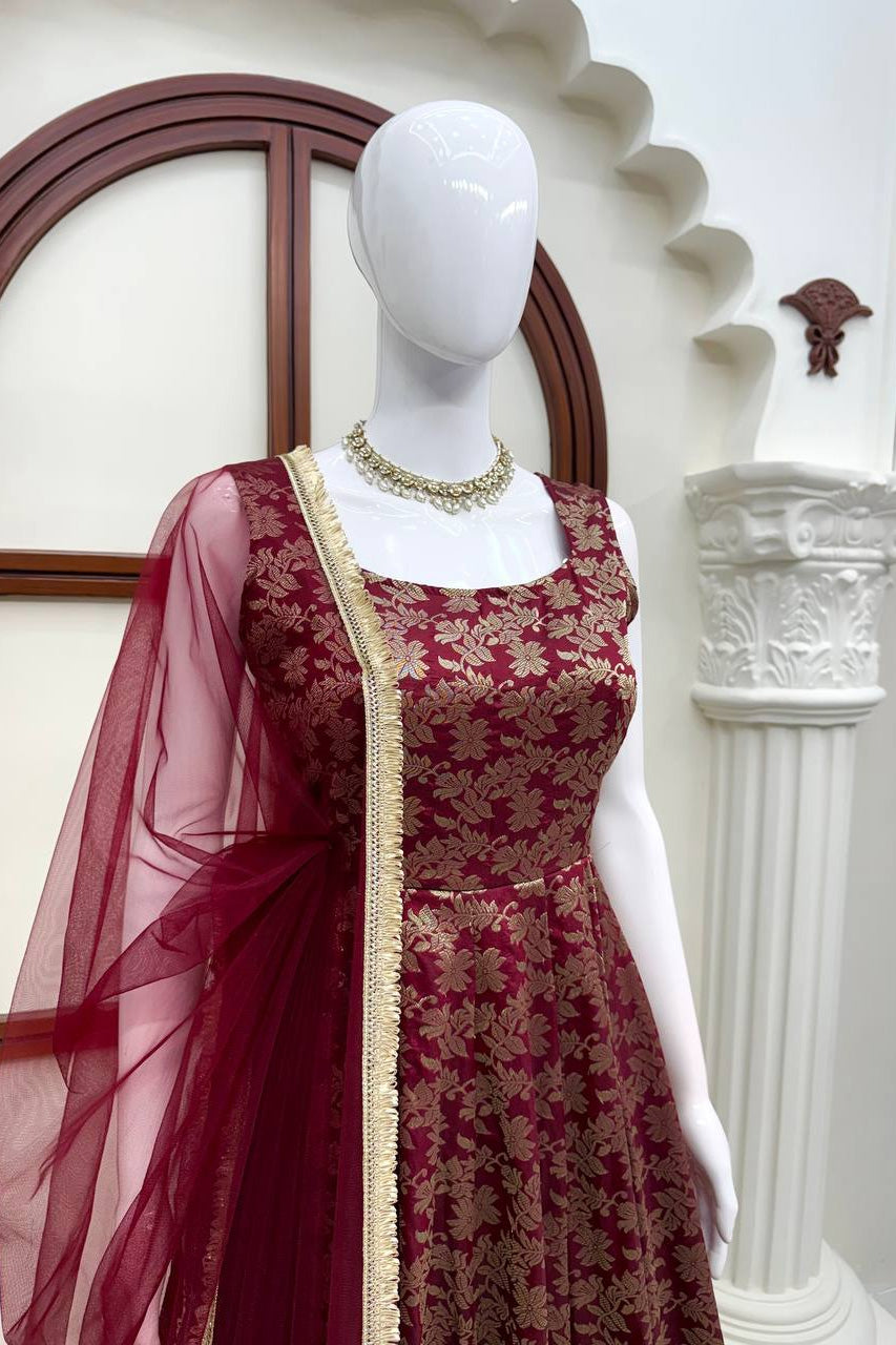 Gulbahar Wine Floral Anarkali Gown Set with Designer Dupatta
