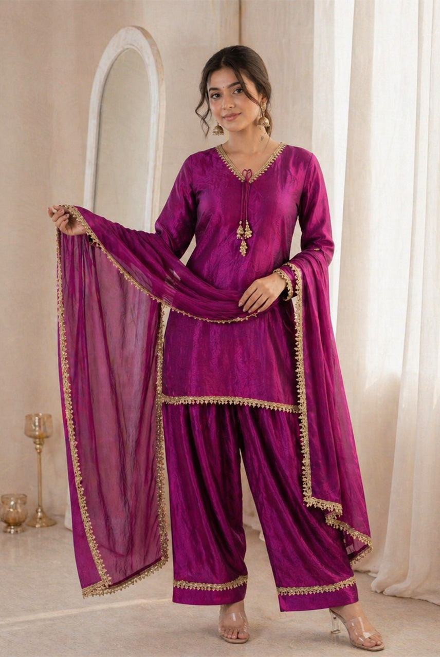Magenta Purple Lace Detailed Kurta Pant Set with Dupatta