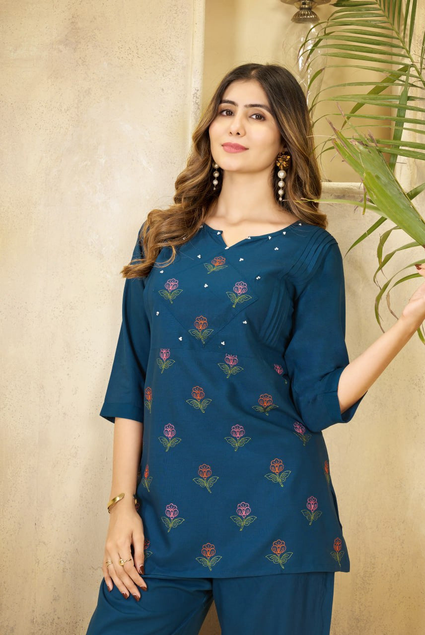 Women's Teal Blue Embroidered Kurta Palazzo Set