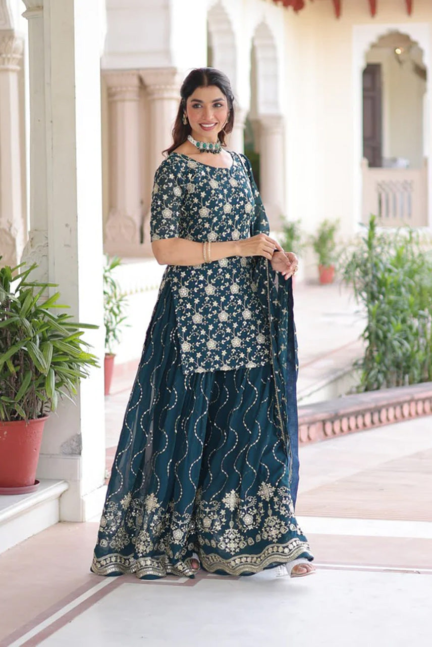 Midnight Teal Heavy Embroidered Kurta Sharara Set with Dupatta