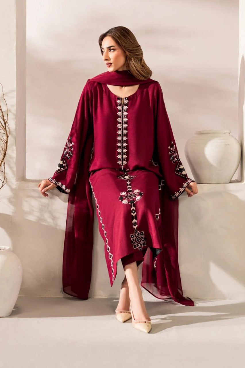 Mehroon Royale Embroidered Kurta Pant Set with Sheer Designer Dupatta