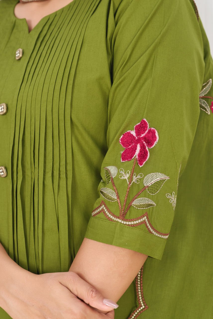 Olive Green Floral Embroidered Anarkali Suit Set with Dupatta