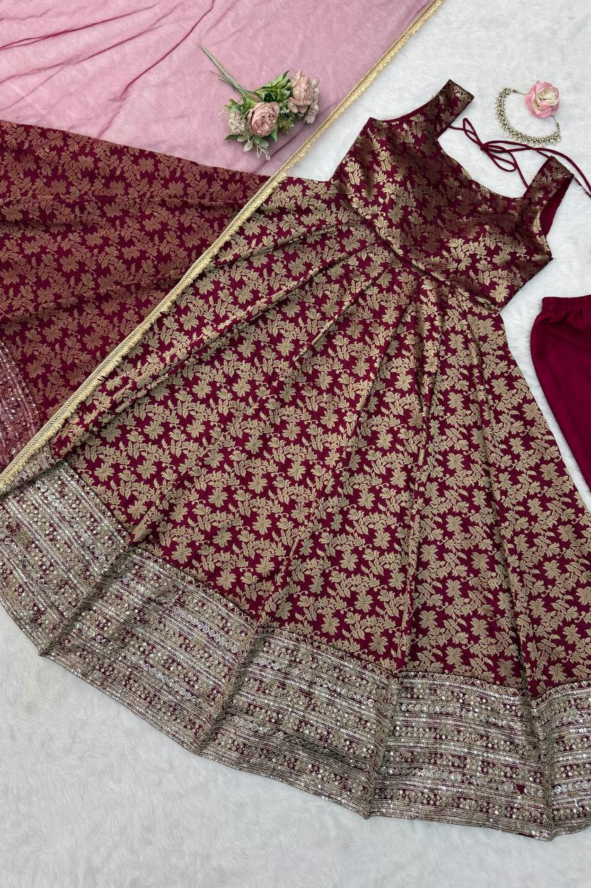 Gulbahar Wine Floral Anarkali Gown Set with Designer Dupatta