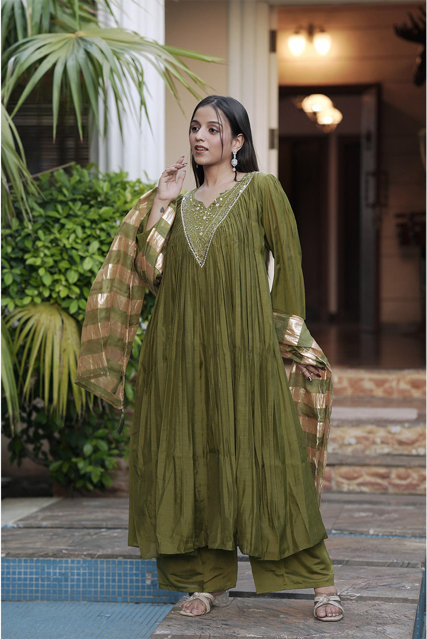 Olive Zaria Pleated Anarkali Suit Set with Metallic Striped Dupatta