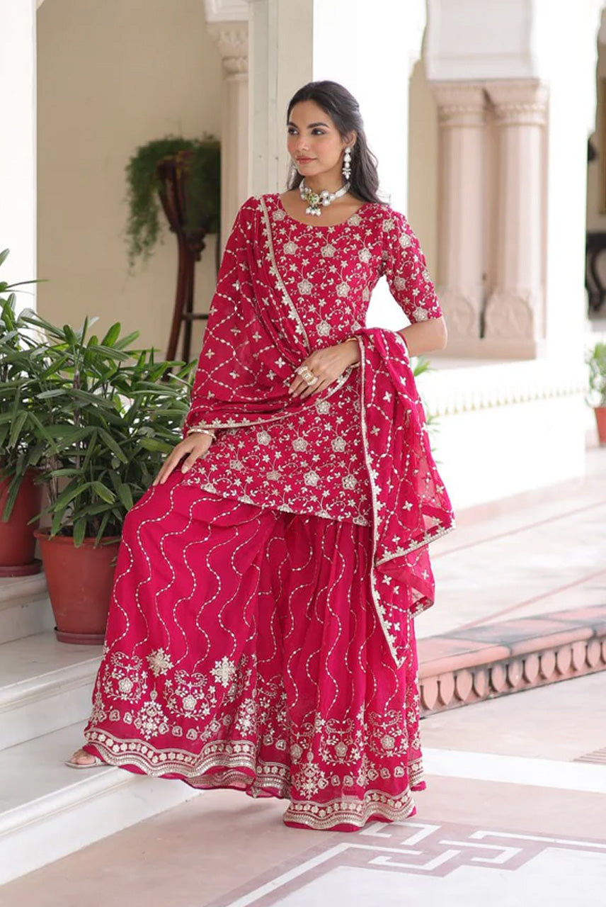 Rani Pink Heavy Embroidered Kurta Sharara Set with Dupatta
