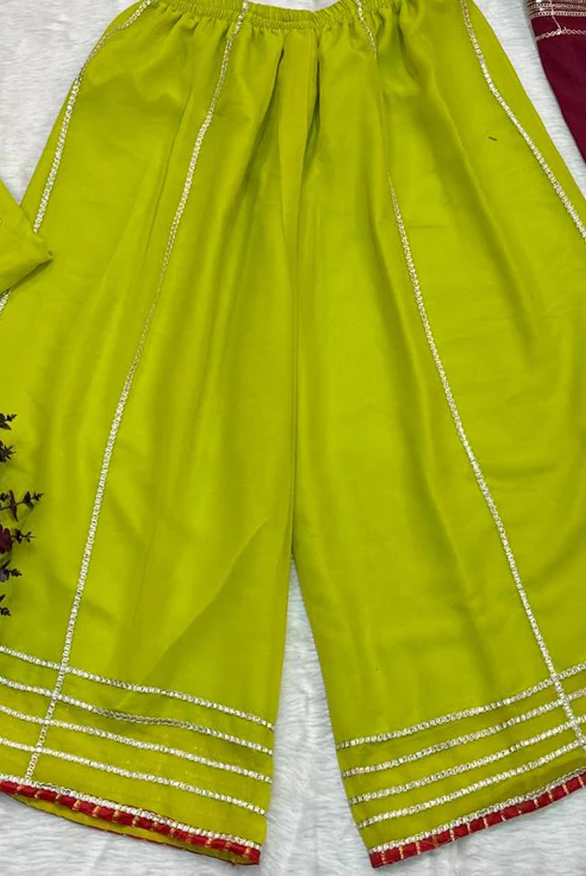 Lime Green Kurta Sharara Set with Rani Pink Dupatta