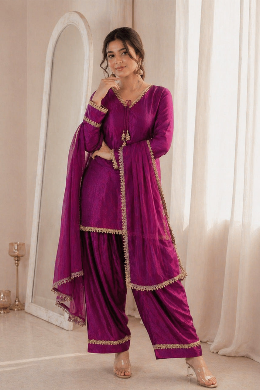 Magenta Purple Lace Detailed Kurta Pant Set with Dupatta