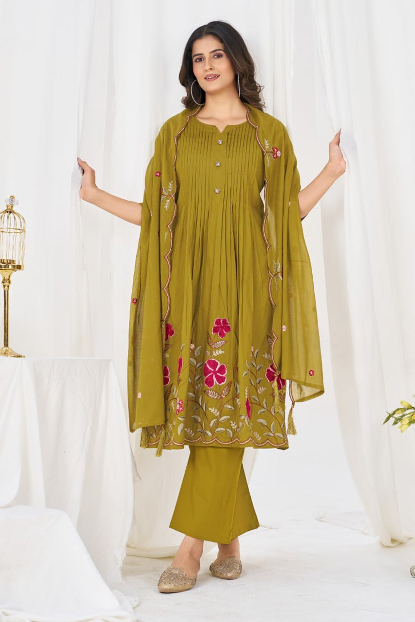 Mustard Olive Floral Embroidered Anarkali Suit Set