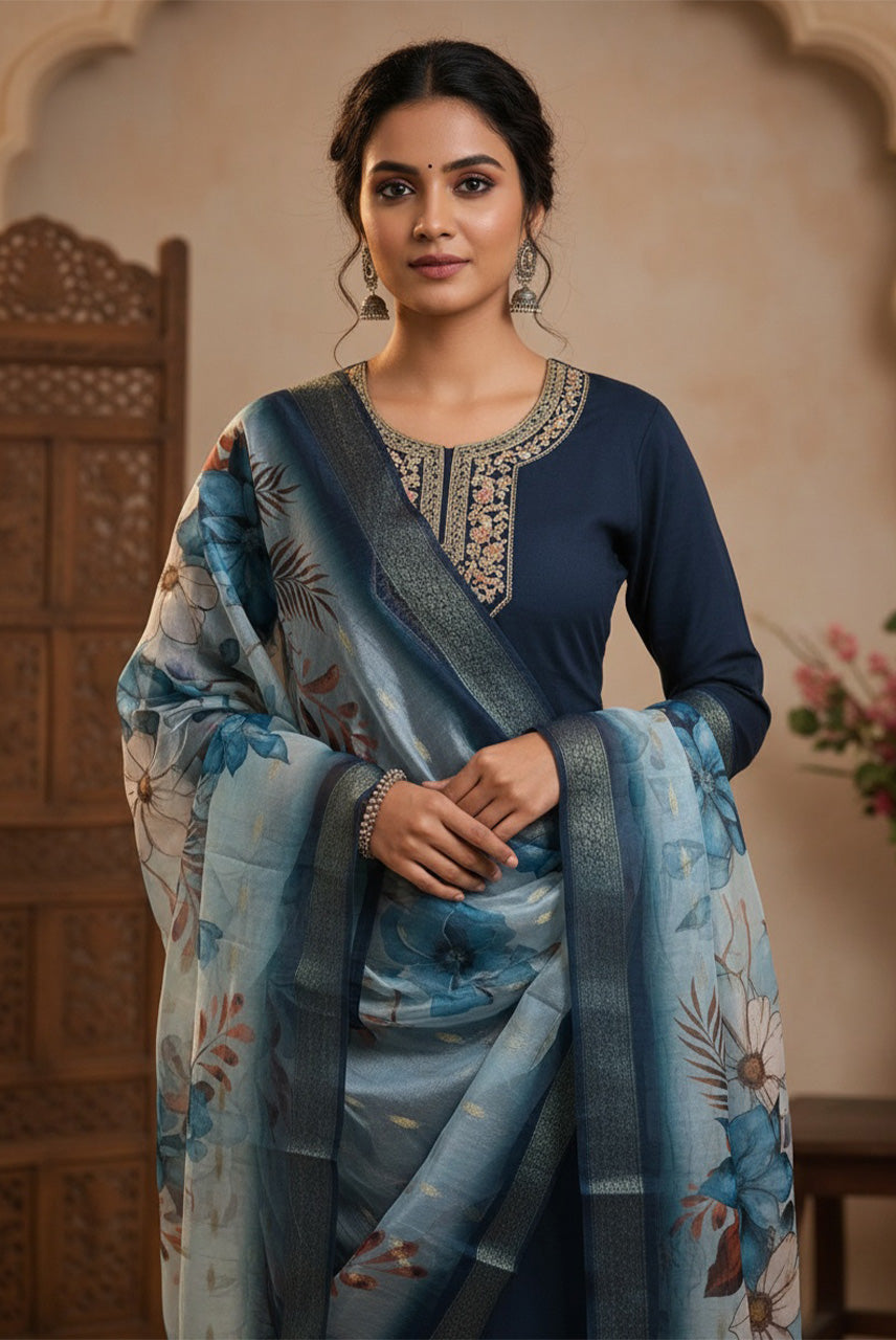 Midnight Blue Floral Organza Dupatta Kurta Set