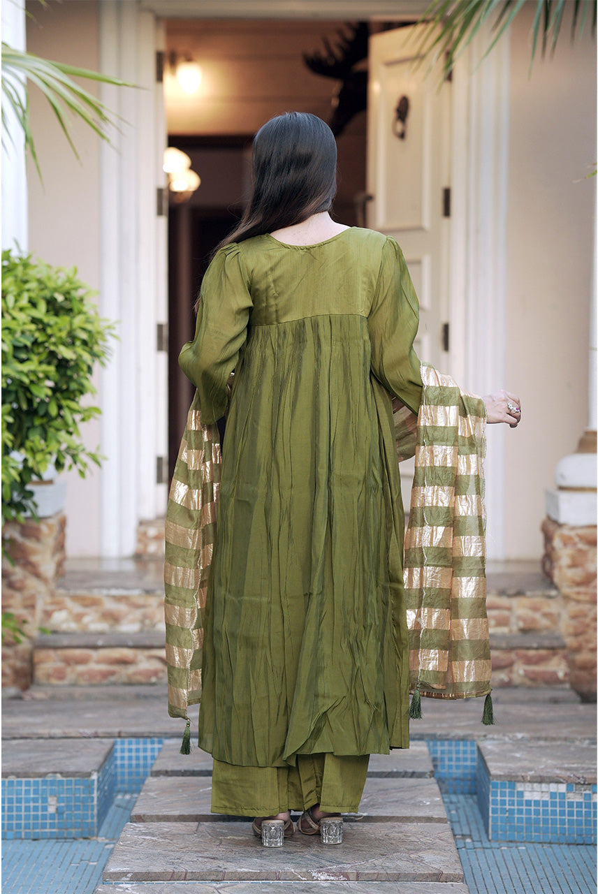 Olive Zaria Pleated Anarkali Suit Set with Metallic Striped Dupatta