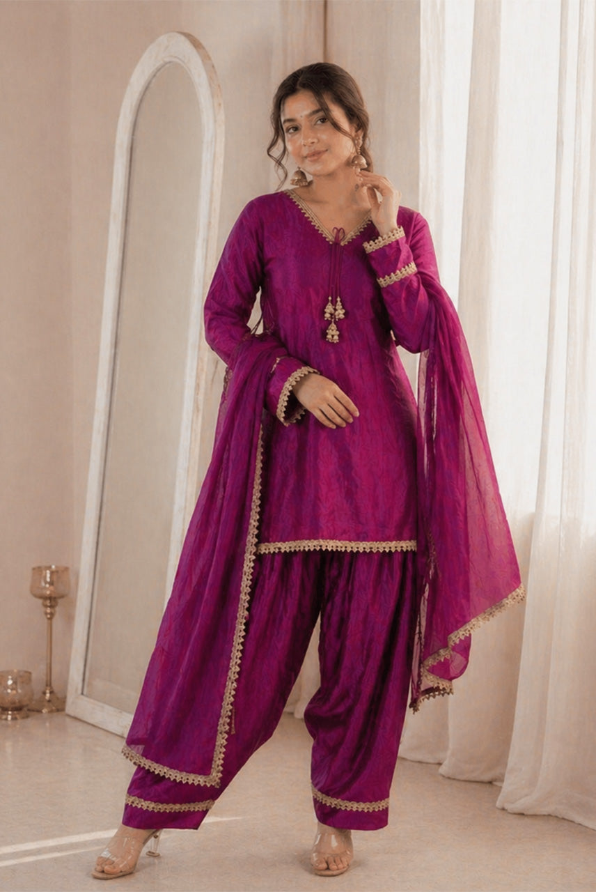 Magenta Purple Lace Detailed Kurta Pant Set with Dupatta