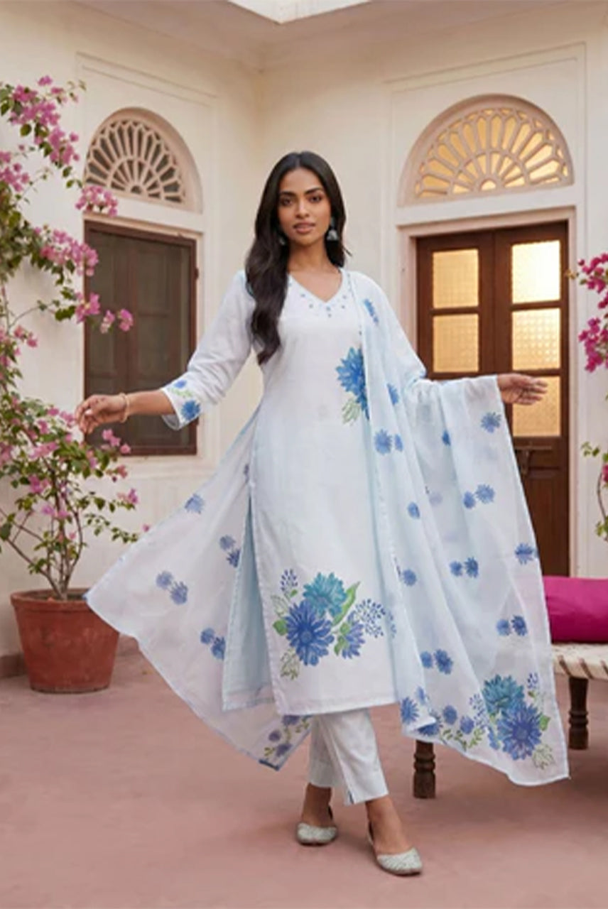 Ivory Blue Floral Suit Set