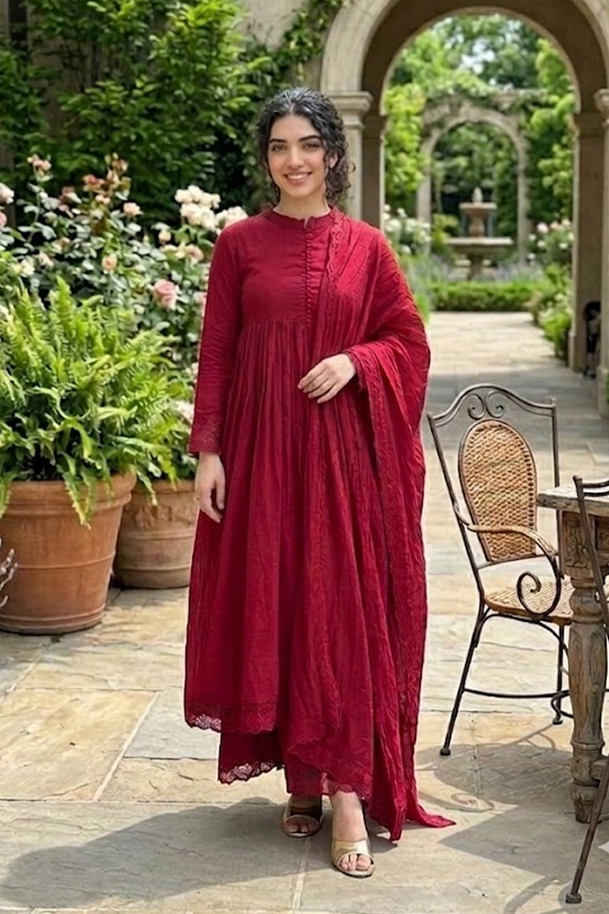 Ruhani Crimson Red Anarkali Kurta Set with Designer Dupatta
