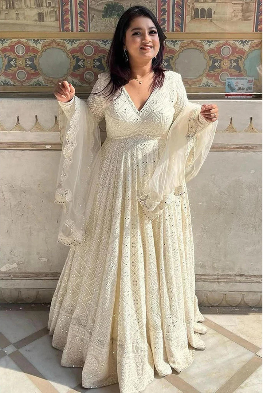 Ivory White Chikankari Anarkali Suit Set with Dupatta