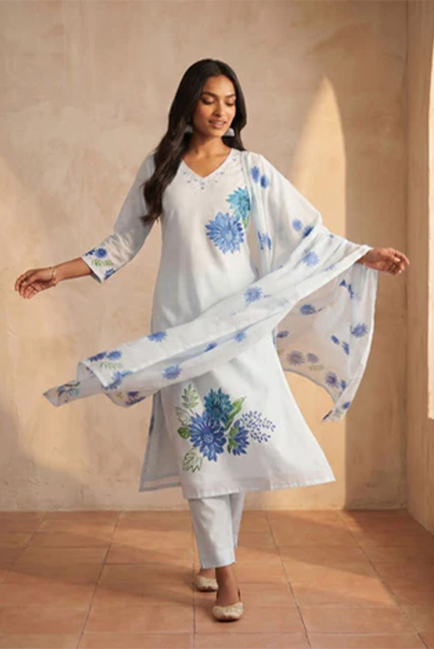Ivory Blue Floral Suit Set