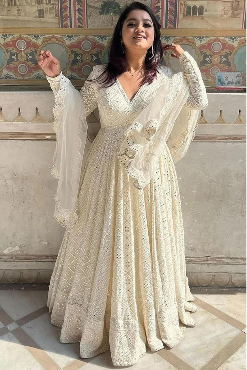 Ivory White Chikankari Anarkali Suit Set with Dupatta